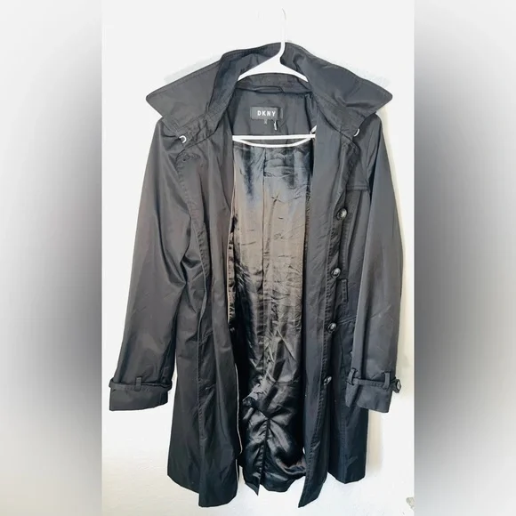 DKNY Women's Hooded Gabardine Trench Coat Black Size L A1 - Picture 2 of 4